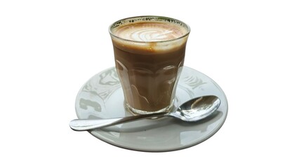 A glass of coffee with latte art on a saucer with a spoon, presented against a white background.