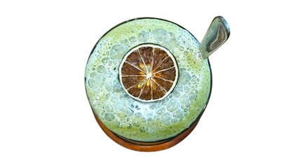 A top shot of matcha latte with a dried citrus slice on top, presented on a white background.