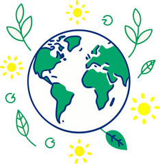 Earth globe with leaves, suns, recycling symbols