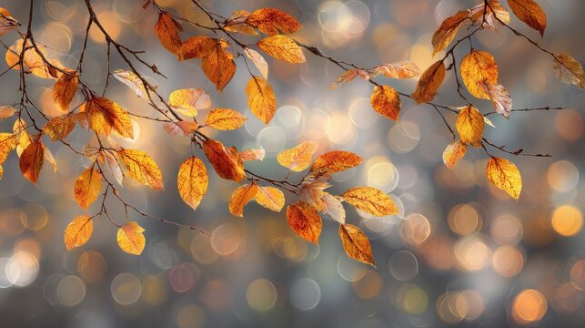 multiple golden autumn tree branches with textured leaves against blurred bokeh light background
