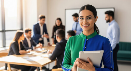 Smiling Indian Businesswoman Leads Diverse Team in Modern Office