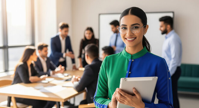 Smiling Indian Businesswoman Leads Diverse Team in Modern Office