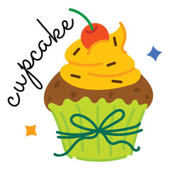 Hand Drawn Sweet Cupcake with Yellow Frosting Red Cherry and Green Wrapper Tied with Ribbon Isolated on White Transparent Background