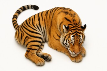 Obraz premium Resting tiger top down composition with tail curled forward framing forepaws and head turned softly to the side on white