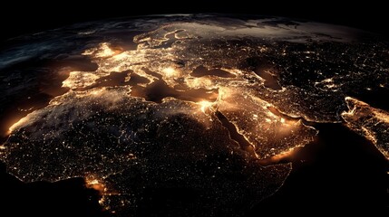 global map view at night illuminated city lights highlight europe middle east and africa creating dramatic and captivating atmosphere