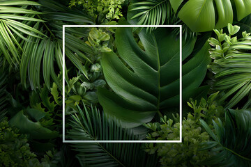 Tropical jungle leaves background with white square frame