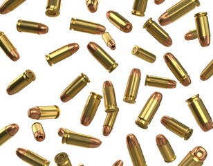 A scattering of shiny, golden cartridges with bronze tips are suspended against a bright white backdrop. The objects vary in angle