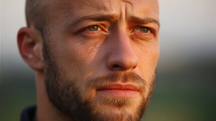 Obraz premium Close up portrait of a man with tears in his eyes conveying sadness and deep emotion during sunset
