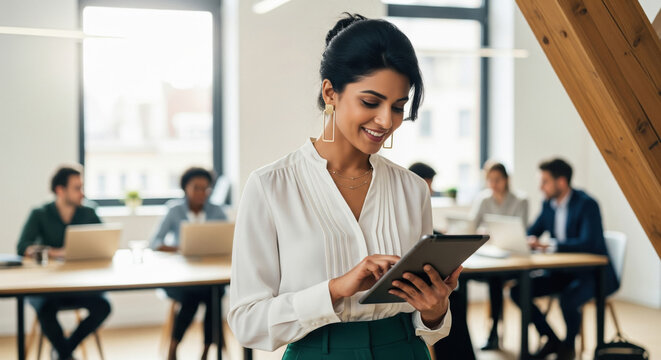 Smiling businesswoman uses digital tablet in modern collaborative office.