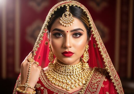 A stunning indian bride adorned in traditional gold jewelry and a red veil exudes elegance and grace on her wedding day celebration