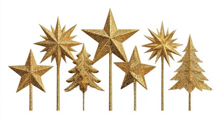 a collection of glittery gold christmas tree star toppers isolated on a transparent background perfect for holiday decoration