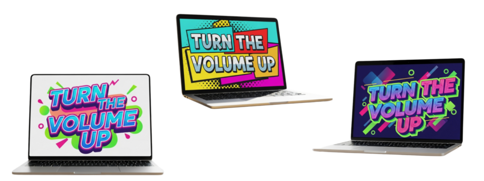 Three laptops on desks display a "Turn the volume up" graphic.
