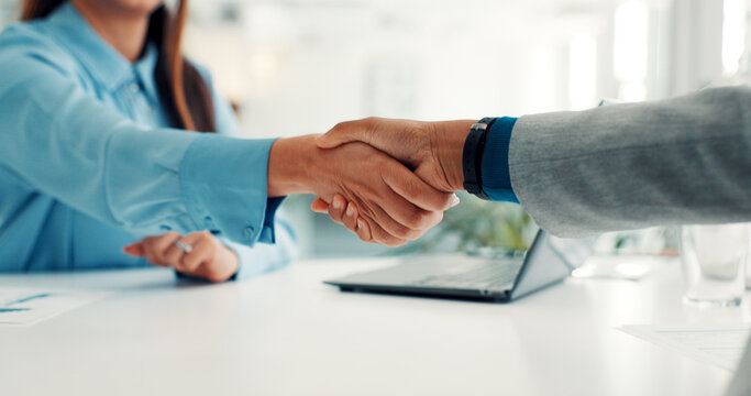 Shaking hands, interview and welcome for hiring, recruitment process and deal at company. Person, human resources manager and handshake with thanks, agreement or onboarding with success at agency