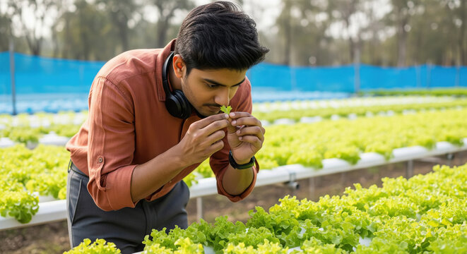 Young man inspecting fresh lettuce at modern hydroponic farm. - Powered by Adobe