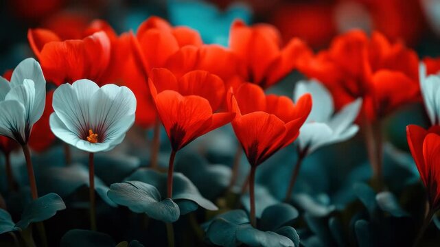 Red and white cyclamen flowers bloom with dark green leaves, muted teal backdrop