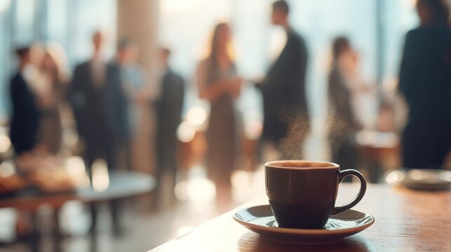 Business Workshop Coffee Break Scene &mdash; Colleagues chatting in background blur. High quality