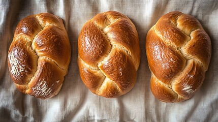 Three loafs of homemade round braided yeast bread on linen