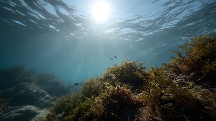 Obraz premium Sunlight streams through the clear blue ocean water illuminating a vibrant underwater scene with abundant seaweed and rocks