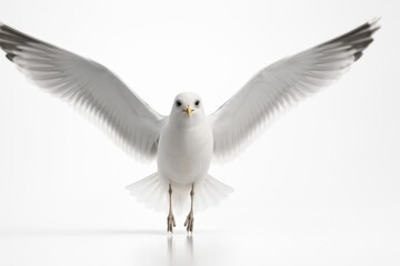 Seagull mid takeoff body razor sharp with graceful motion blur at wing tips low angle to emphasize wingspan