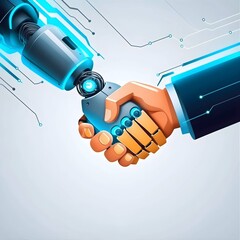 AI And Human Connection - A robotic hand shaking hands with a human hand, glowing circuits, futuristic blue lighting againts white background