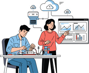 Smart technology project, data visualization, cloud computing, electronics workspace, STEM education, teamwork, innovation, coding, analytics, digital screen, collaboration