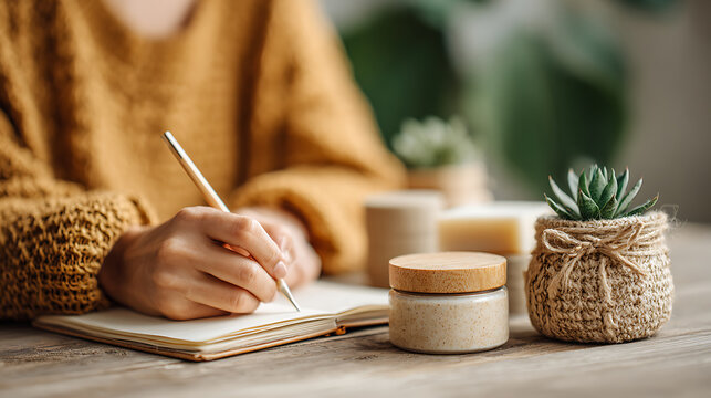 woman journaling beside natural skincare items, reflecting mindfulness, wellness, and holistic self-care.