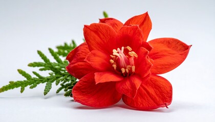 Vibrant Red Flower Blossom with Green Foliage on White Background.