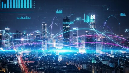 Night cityscape with data visualization overlays, glowing lines, and bar charts - Powered by Adobe