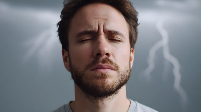 A man closes his eyes in distress against a dramatic stormy sky with lightning