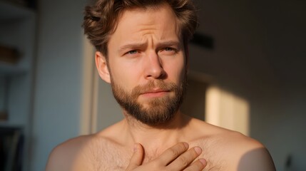 Fototapeta premium A man with a beard and furrowed brow hand on his chest looks thoughtfully in the warm morning sunlight