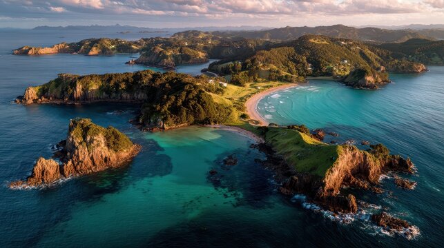 Overhead view of the Bay of Islands: tranquil seascape with lush islands and azure shorelines