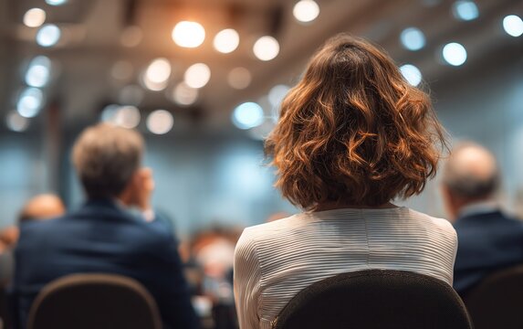 Selective focus to business woman sitting with blurry chairman of the meeting and executive committee background in auditorium for shareholders meeting or seminar event, Annual shareholder meeting.