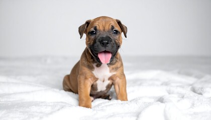 Adorable Staffordshire Bull Terrier Puppy with Tongue Out on White Bed.