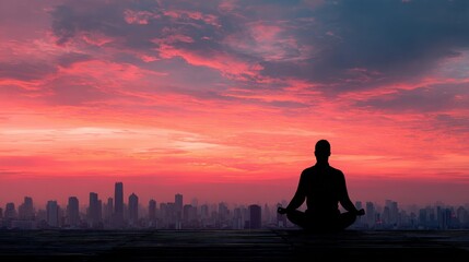 silhouette of man meditating at sunset urban yoga and cityscape background