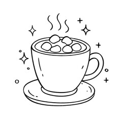 Hot cocoa with marshmallows in a cup on saucer with steam and sparkles in black line art