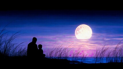 A father and child sit in silhouette on a grassy hill, gazing at a large, luminous full moon rising over the ocean during twilight.