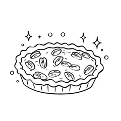Whole pecan pie with visible nuts in black line art style and festive sparkles
