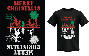 Creative Merry Christmas T-Shirt Design – Santa Riding Bicycle Mirrored Holiday Graphic