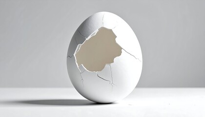 Close-up of cracked eggshell, revealing empty interior on white surface