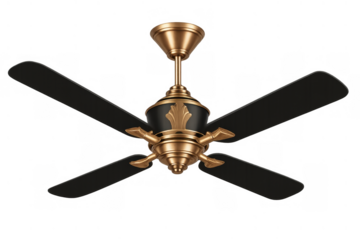 Vintage style ceiling fan with golden decorative elements and black blades providing air circulation, transparent background