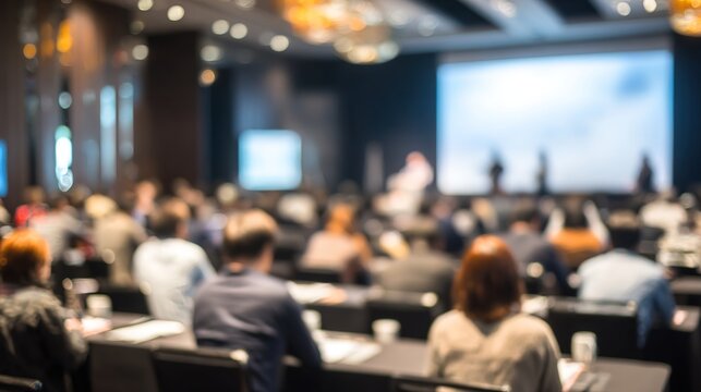 Business Seminar Blur: A blurred seminar or workshop setting with speakers and participants, perfect for professional development and learning themes. High quality. High quality