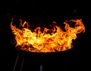Close-up of fire burning inside a dark charcoal grill. The flames are bright orange and yellow against the black