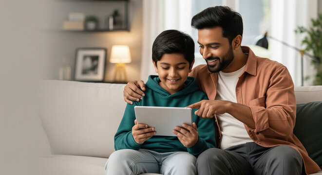 Happy Indian Dad, Son Bond Over Digital Tablet