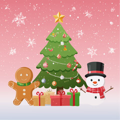 Festive Christmas Scene with Decorated Tree Gingerbread Man and Gifts in a Snowy Holiday Setting