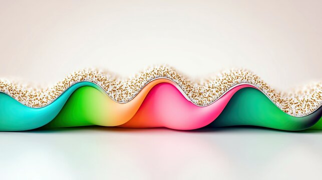 An abstract composition featuring smooth, undulating waves of teal, green, pink, and orange, topped with a layer of fluffy white material speckled with gold.