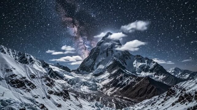 Celestial Majesty Snow-Capped Mountain Peak Illuminated by the Milky Way for Meru Trayodashi Celebrations