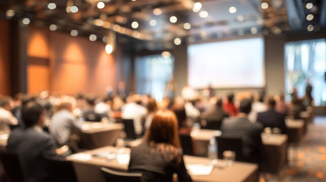 Business Seminar Blur: A blurred seminar or workshop setting with speakers and participants, perfect for professional development and learning themes. High quality. High quality