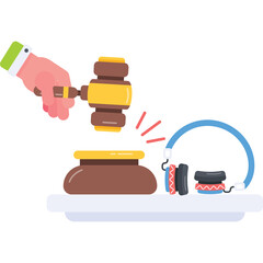 Hand Holding Wooden Gavel Auction Hammer Striking Sound Block with Red Lines Near Telephone and Headphones on White Surface