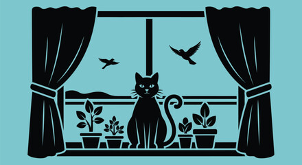 Black cat silhouette window plants birds vector illustration art