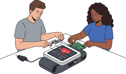 Electronic medical device repair, heart monitoring system, biomedical engineering, STEM education, diagnostics, innovation, teamwork, circuit board, tools, healthcare technology